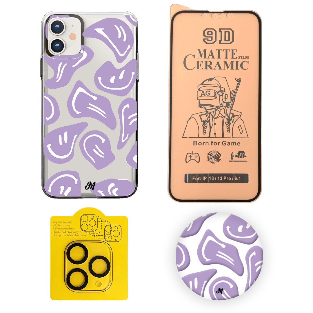Combo iPhone Funda HAPPY FACE MORADO - Mandala Cases